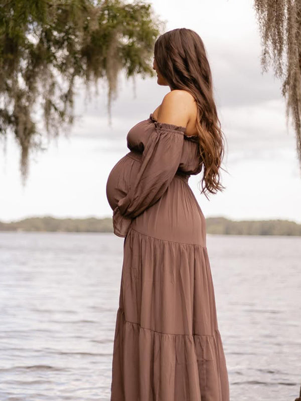 Off Shoulder Side Slit Big Swing Boho Maternity Photoshoot Maxi Dress