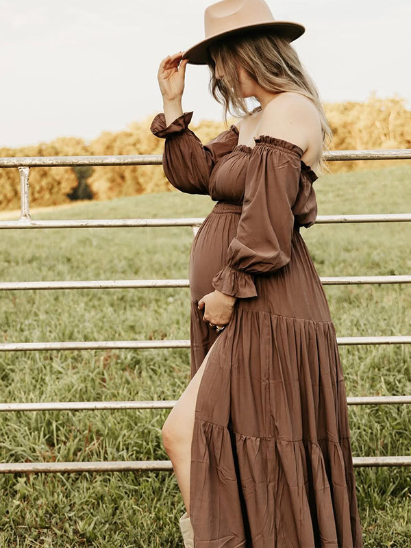 Off Shoulder Side Slit Big Swing Boho Maternity Photoshoot Maxi Dress