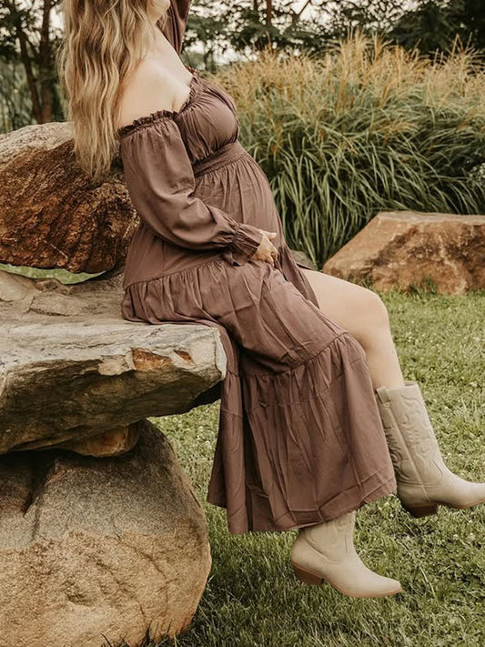 Off Shoulder Side Slit Big Swing Boho Maternity Photoshoot Maxi Dress