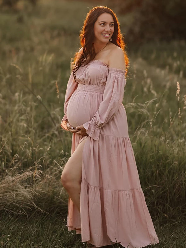Off Shoulder Side Slit Big Swing Boho Maternity Photoshoot Maxi Dress
