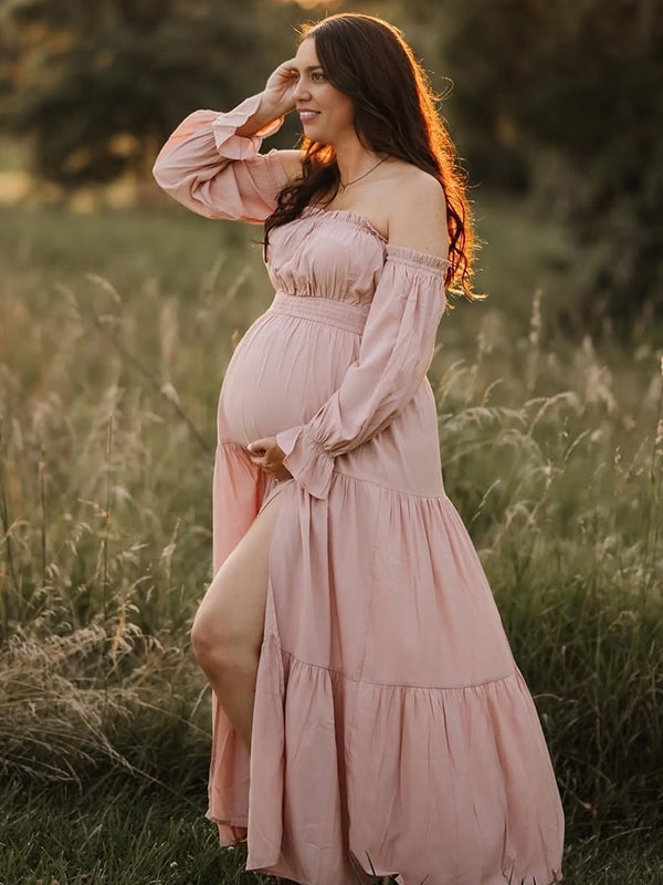 Off Shoulder Side Slit Big Swing Boho Maternity Photoshoot Maxi Dress