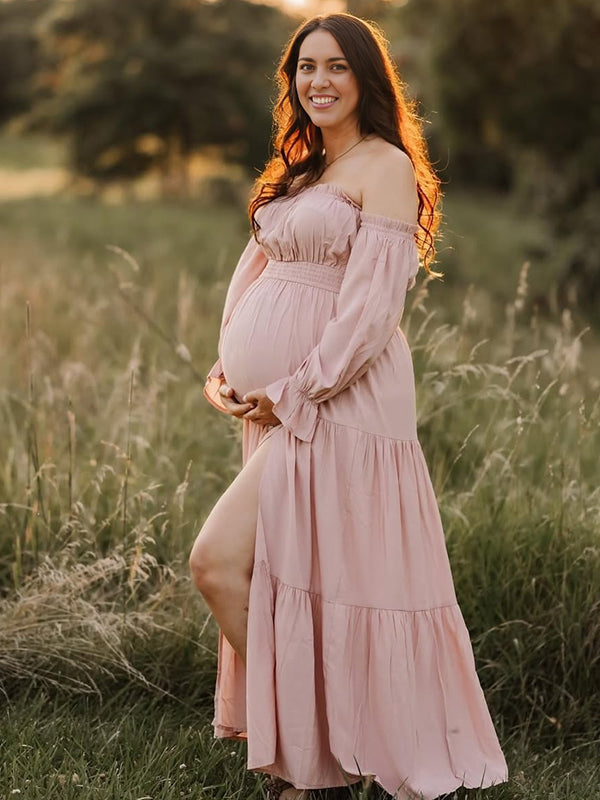 Off Shoulder Side Slit Big Swing Boho Maternity Photoshoot Maxi Dress