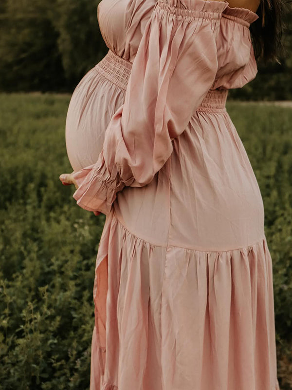 Off Shoulder Side Slit Big Swing Boho Maternity Photoshoot Maxi Dress