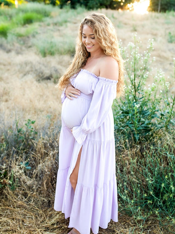 Off Shoulder Side Slit Big Swing Boho Maternity Photoshoot Maxi Dress