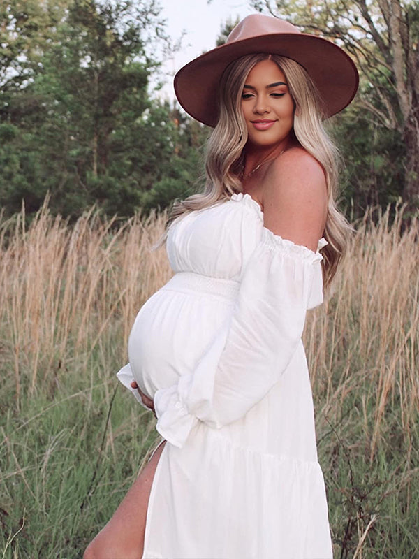 Off Shoulder Side Slit Big Swing Boho Maternity Photoshoot Maxi Dress