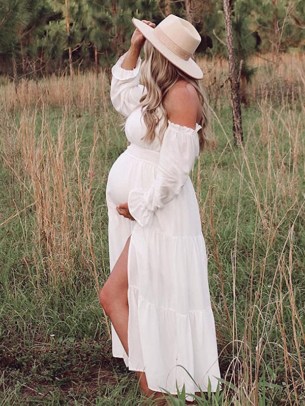 Off Shoulder Side Slit Big Swing Boho Maternity Photoshoot Maxi Dress
