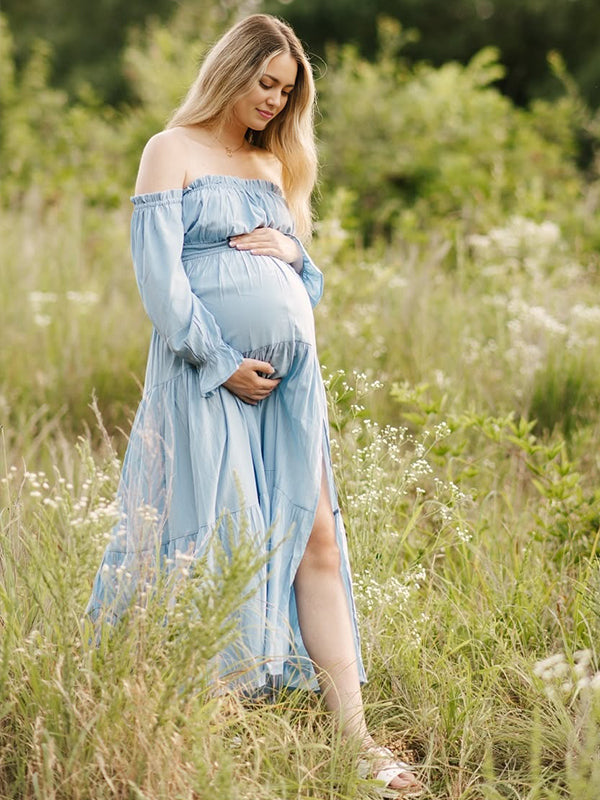 Off Shoulder Side Slit Big Swing Boho Maternity Photoshoot Maxi Dress