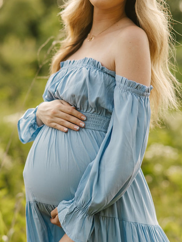 Off Shoulder Side Slit Big Swing Boho Maternity Photoshoot Maxi Dress