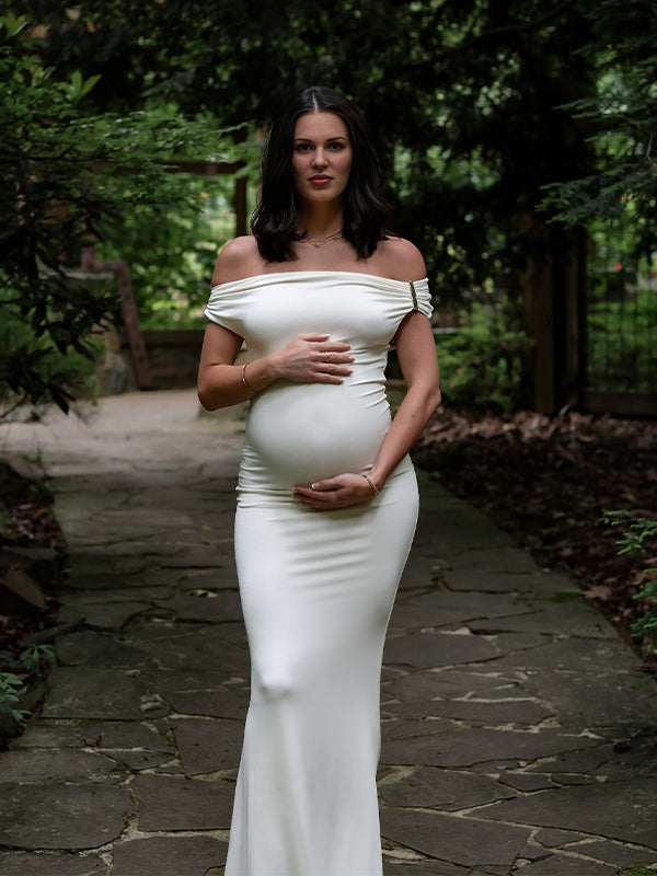 White Off Shoulder Buckle Mermaid Photoshoot Maternity Maxi Dress