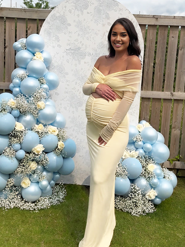 Yellow Mesh Off Shoulder Ruched Cut Out Maternity Maxi Dress