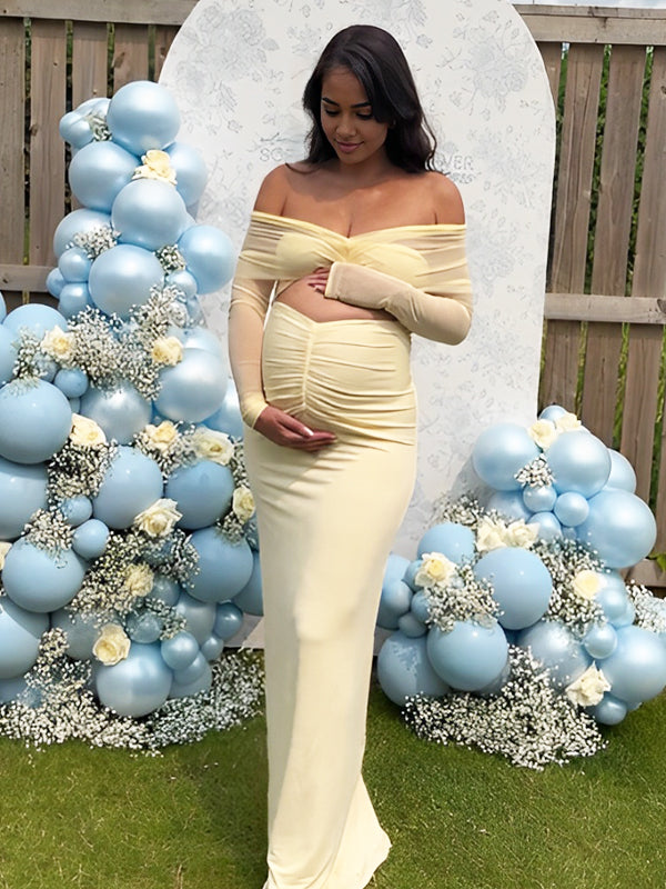 Yellow Mesh Off Shoulder Ruched Cut Out Maternity Maxi Dress