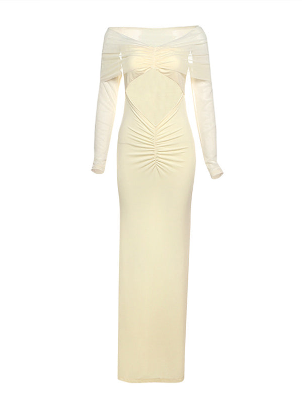 Yellow Mesh Off Shoulder Ruched Cut Out Maternity Maxi Dress