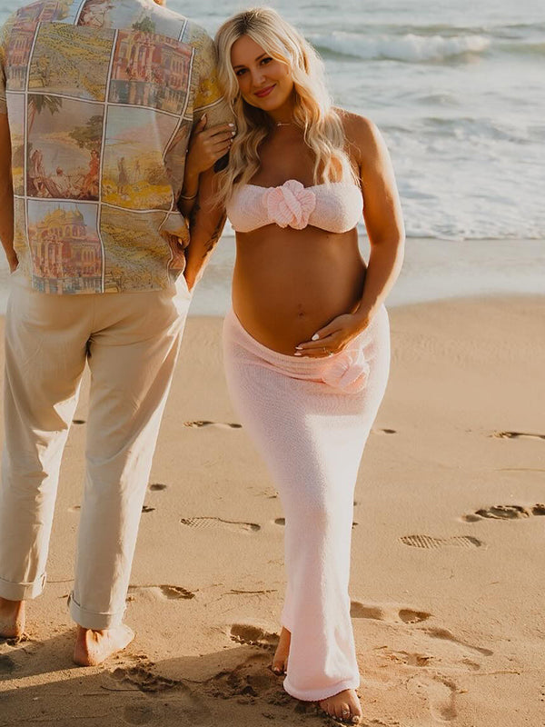 3D Flowers Crop 2 Piece Knitwear Maternity Photoshoot Maxi Dress