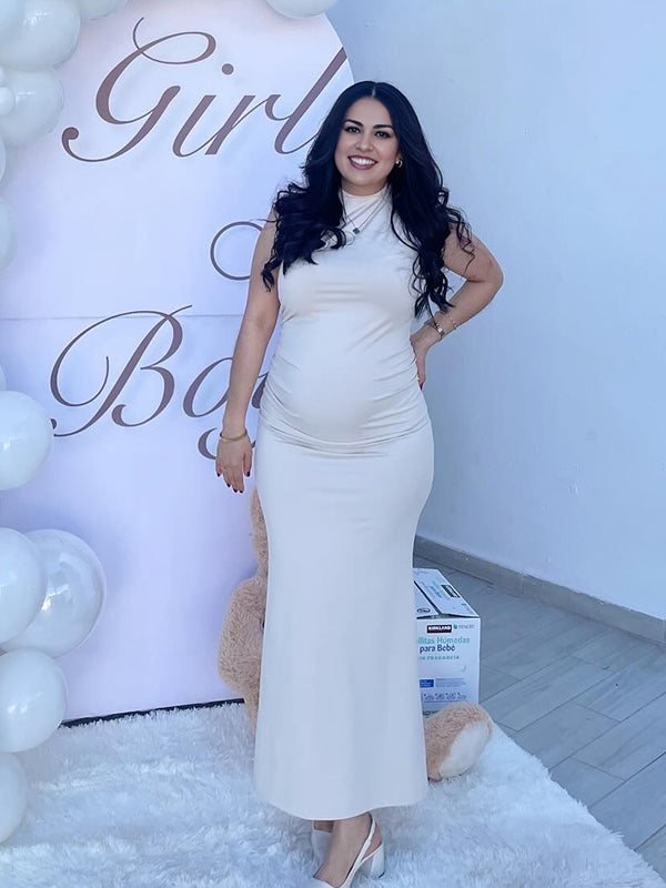High Neck Ruched Maternity Baby Shower Maxi Dress