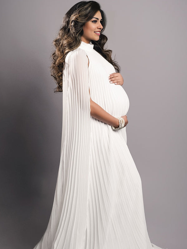High Neck Pleat Shawls Maternity Photoshoot Maxi Dress