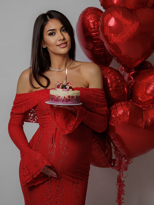 Red Lace Ruffle Off Shoulder Mermaid Maternity Photoshoot Maxi Dress