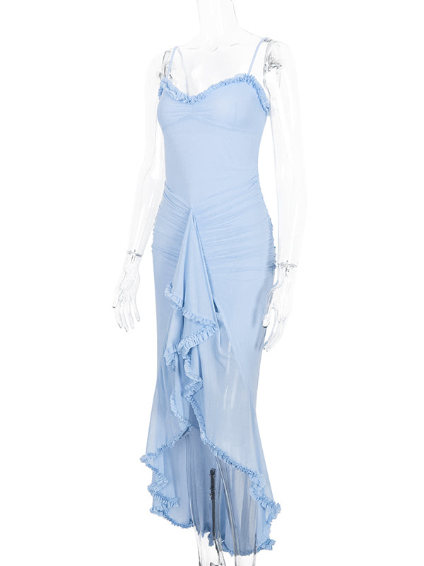 Blue Mesh Ruched Ruffle High-Low Mermaid Cami Elegant Maternity Maxi Dress