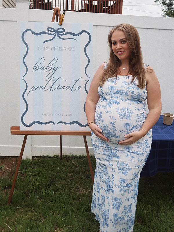 Blue Floral Rucdhed Mermaid Baby Boy Shower Maternity Maxi Dress