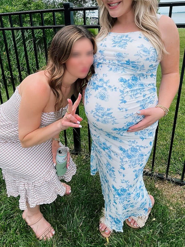 Blue Floral Rucdhed Mermaid Baby Boy Shower Maternity Maxi Dress