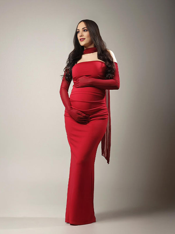 Ruched Wrap Mesh Gloves Back Slit Photoshoot Maternity Maxi Dress