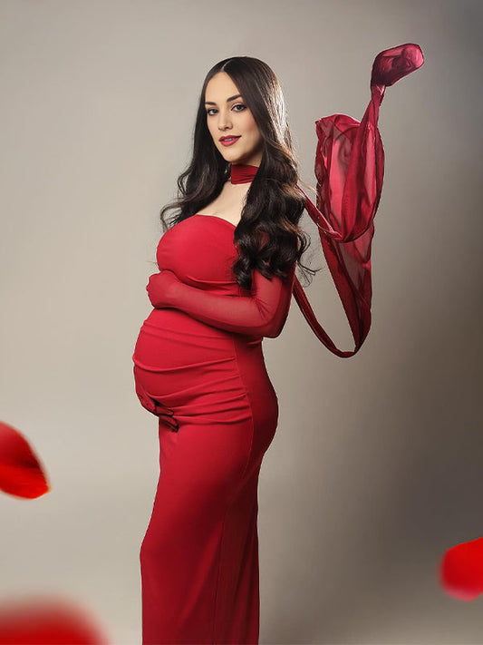 Ruched Wrap Mesh Gloves Back Slit Photoshoot Maternity Maxi Dress