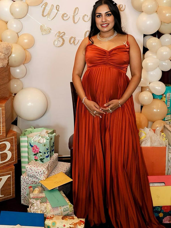 V Neck Pleated Spaghetti Strap Maternity Baby Shower Maxi Dress