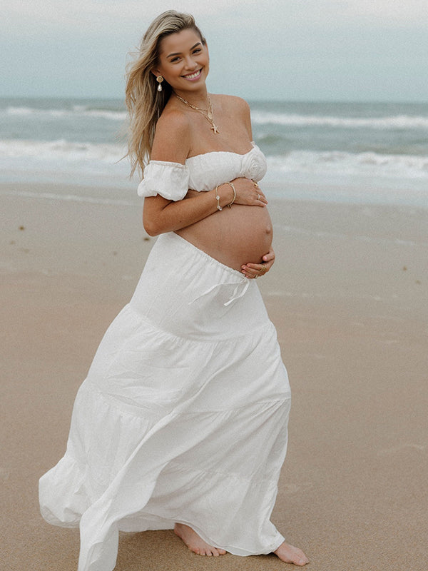 Off Shoulder Ruffle Crop 3D Flower 2-in-1 Maternity Photoshoot Maxi Dress