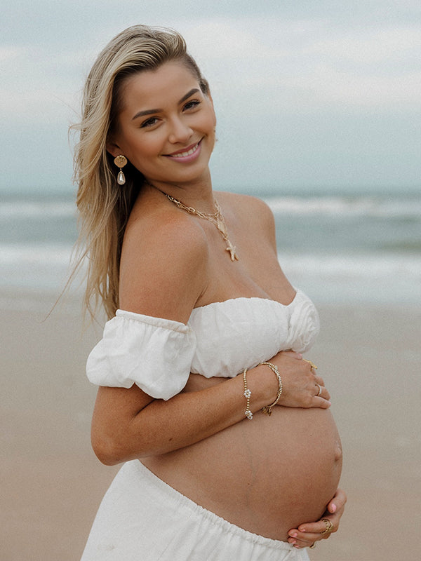 Off Shoulder Ruffle Crop 3D Flower 2-in-1 Maternity Photoshoot Maxi Dress