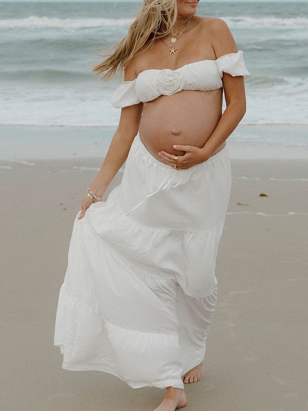 Off Shoulder Ruffle Crop 3D Flower 2-in-1 Maternity Photoshoot Maxi Dress
