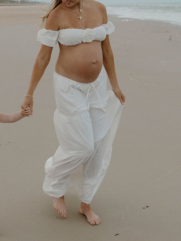 Off Shoulder Ruffle Crop 3D Flower 2-in-1 Maternity Photoshoot Maxi Dress