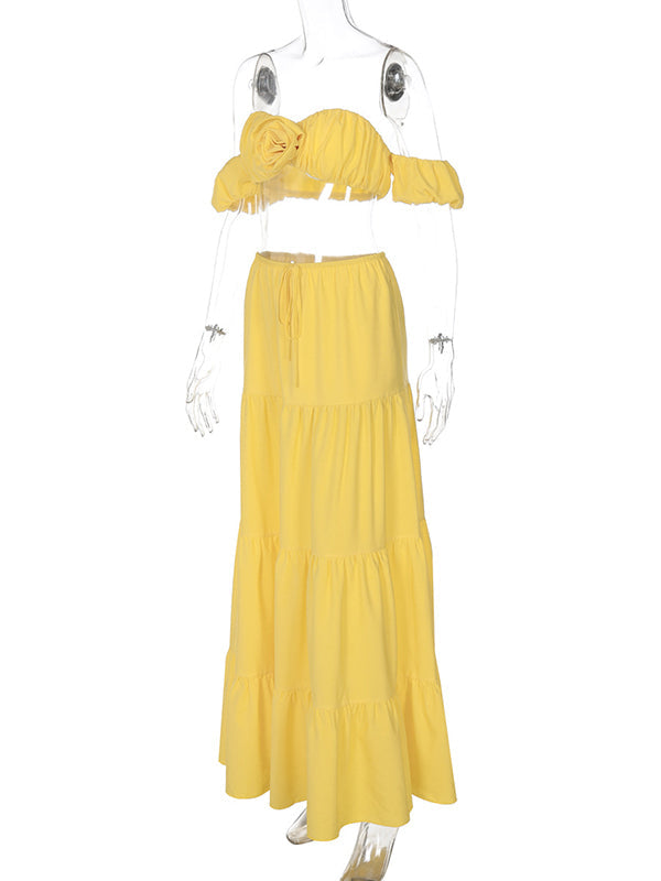 Off Shoulder Ruffle Crop 3D Flower 2-in-1 Maternity Photoshoot Maxi Dress