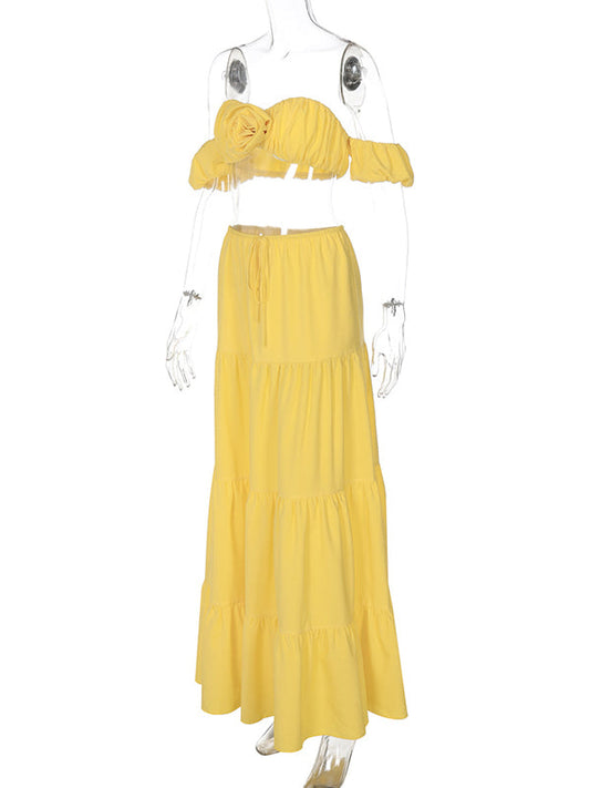 Off Shoulder Ruffle Crop 3D Flower 2-in-1 Maternity Photoshoot Maxi Dress
