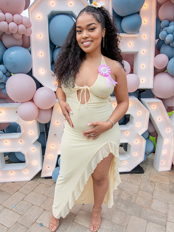 Yellow Ruffle Side Slit Cut Out Maternity Baby Shower Maxi Dress