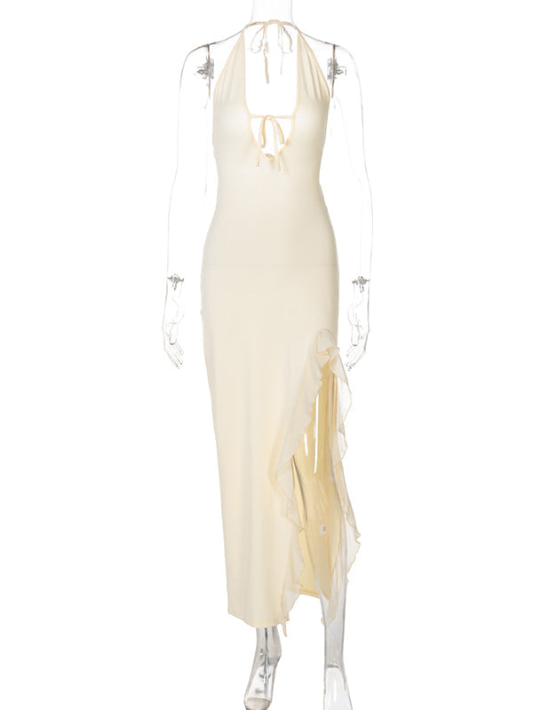 Yellow Ruffle Side Slit Cut Out Maternity Baby Shower Maxi Dress