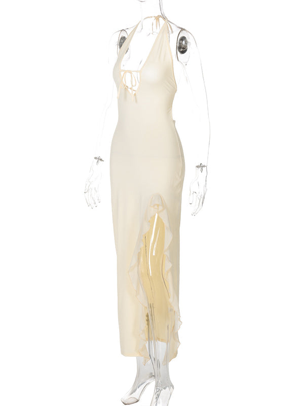 Yellow Ruffle Side Slit Cut Out Maternity Baby Shower Maxi Dress