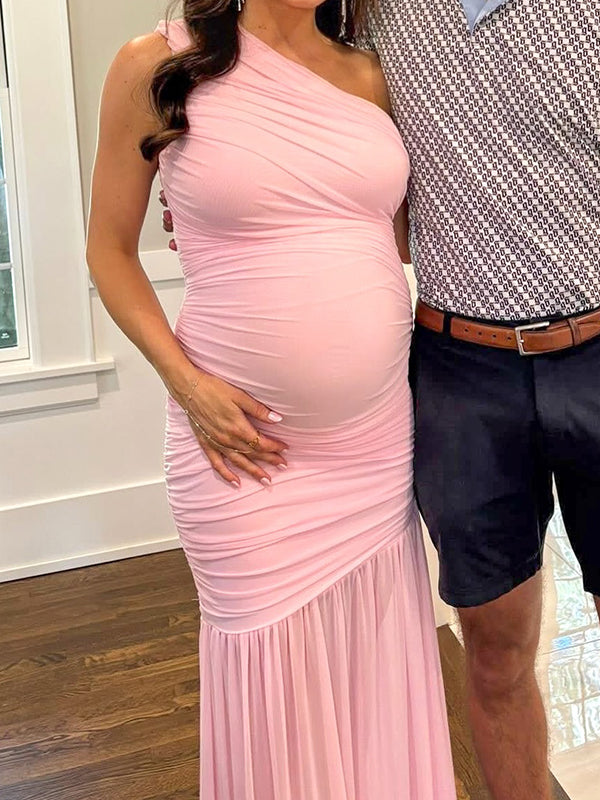 One Shoulder Mesh Ruched Mermaid Evening Gown Maternity Maxi Dress