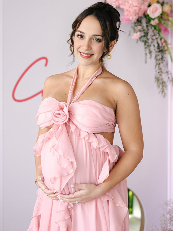 fotobeyou Pink Ruffle 3D Flower Cut Out Halter Neck Elegant Maternity Maxi Dress
