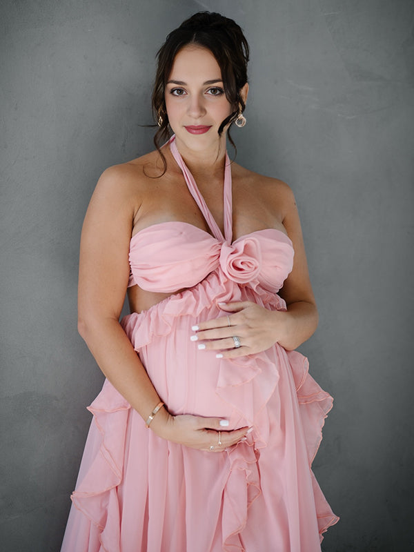 fotobeyou Pink Ruffle 3D Flower Cut Out Halter Neck Elegant Maternity Maxi Dress