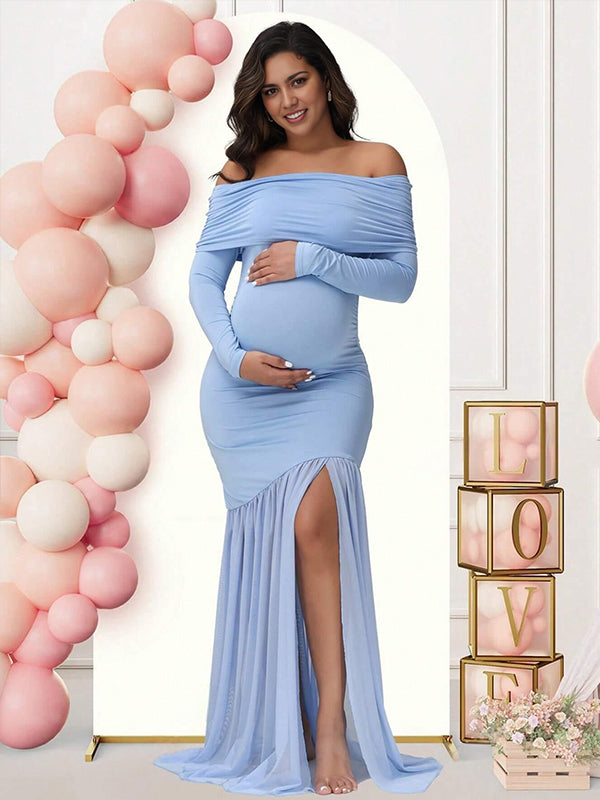 fotobeyou Off Shoulder Mesh Ruched Side Slit Maternity Maxi Dress