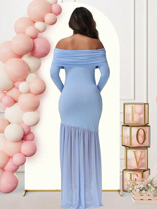 fotobeyou Off Shoulder Mesh Ruched Side Slit Maternity Maxi Dress