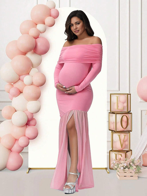 fotobeyou Off Shoulder Mesh Ruched Side Slit Maternity Maxi Dress