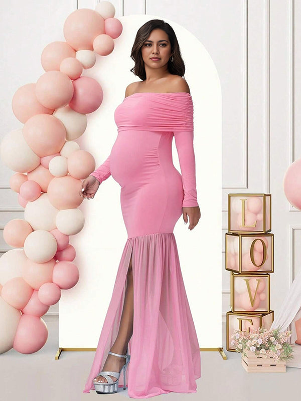 fotobeyou Off Shoulder Mesh Ruched Side Slit Maternity Maxi Dress