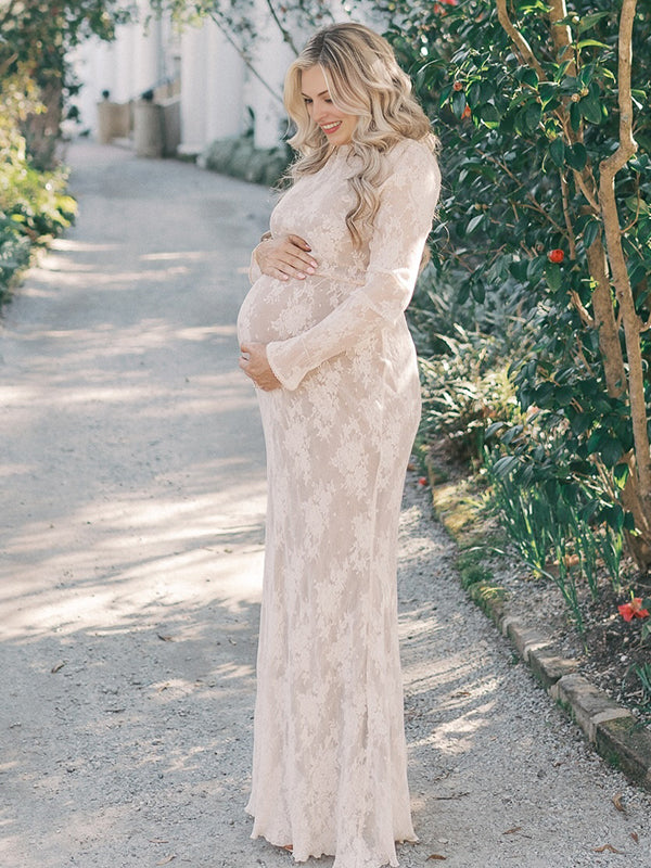 fotobeyou White Lace Ruffle Mermaid Elegant Maternity Maxi Dress