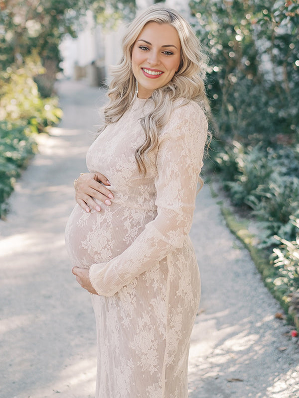 fotobeyou White Lace Ruffle Mermaid Elegant Maternity Maxi Dress
