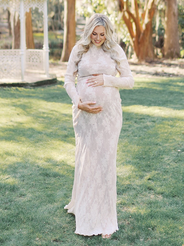 fotobeyou White Lace Ruffle Mermaid Elegant Maternity Maxi Dress