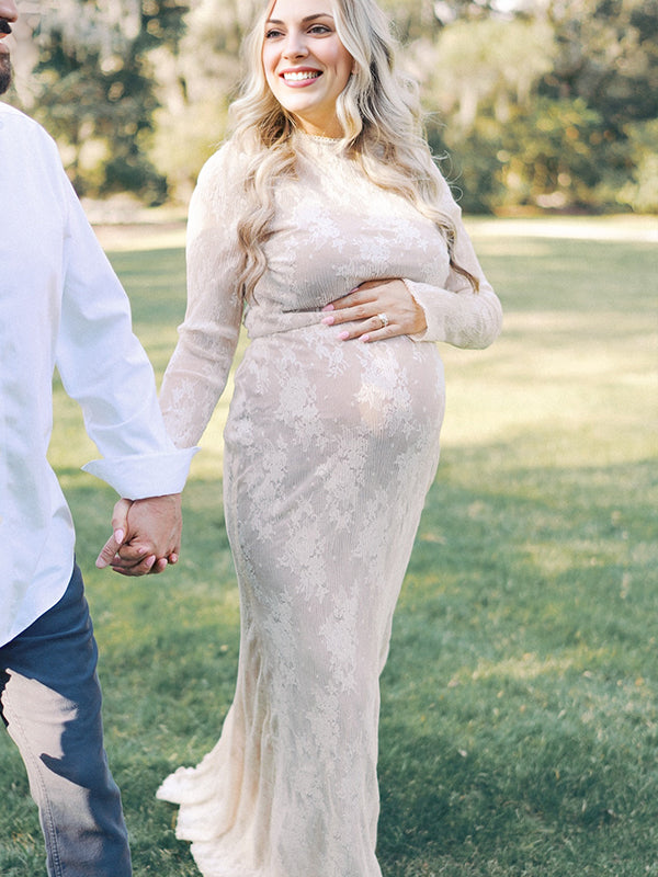 fotobeyou White Lace Ruffle Mermaid Elegant Maternity Maxi Dress