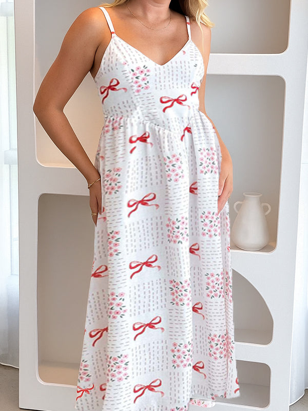 fotobeyou Printed Cami Big Swing Backless Elegant Maternity Maxi Dress
