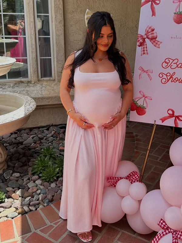 fotobeyou Pink Tank Drop Waist Big Swing Elegant Maternity Maxi Dress