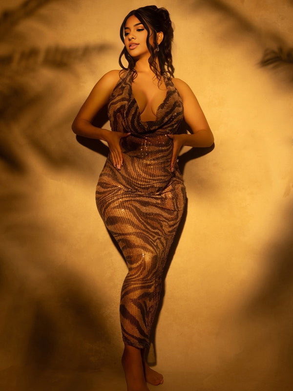 fotobeyou Leopard V Neck Halter Neck Maternity Photoshoot Maxi Dress