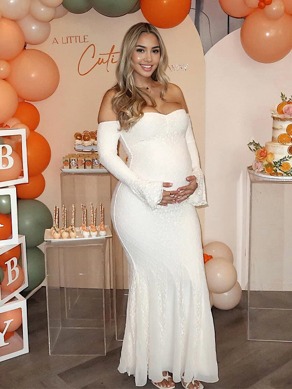 fotobeyou Lace Off Shoulder Mermaid Baby Shower Maternity Maxi Dress